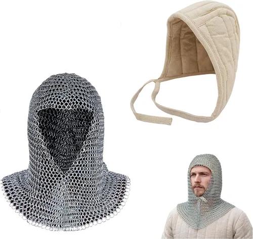 Vista 11 de Pack de Chainmail Coif y Algodón Acolchado Arming Cap Protector Under Armor Chainmail Coif Ideal para LARP, Renfair