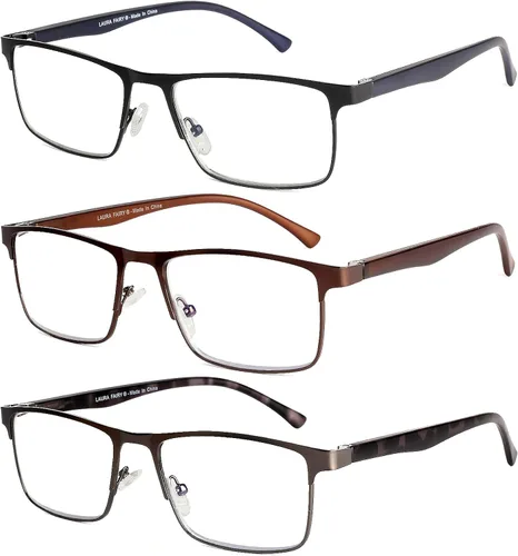 Vista 7 de 3 pares de anteojos de lectura, elegante marco de metal, anteojos ligeros con filtro - Gafas para hombre antirreflejos - Bisagra de resorte