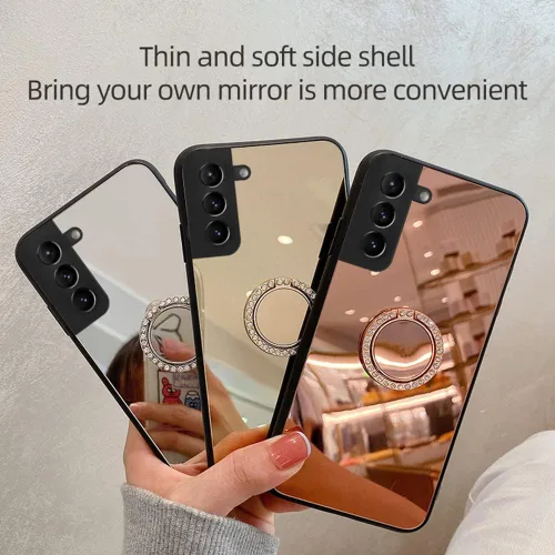 Vista 7 de Funda de espejo compatible con Samsung Galaxy A12 5G, carcasa rígida de policarbonato TPU con soporte de anillo de diamante, agarre de dedo, soporte