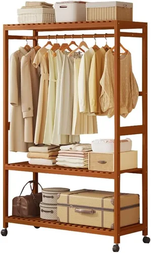 Vista 8 de Wooden Clothes Rail with Shelves,Bamboo Clothes Rack,Portable Open Wardrobe,Free Standing Clothes Rails for Bedroom,Garment Rack with 2 Storage