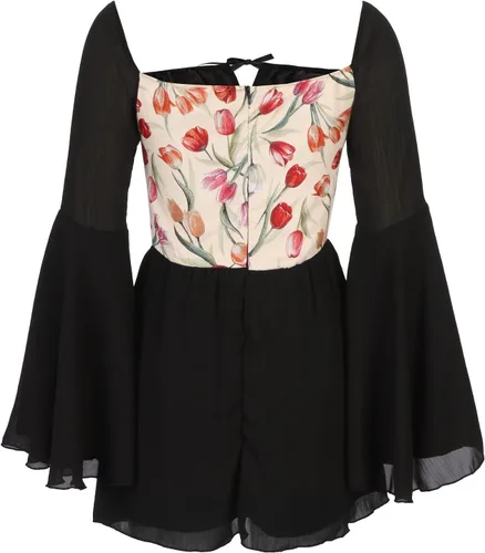 Vista 6 de Disfraz de mujer para Halloween, vestido renacentista para mujer, vestido de gasa con manga acampanada, vestido de corsé negro, vestido de novia