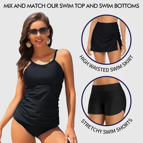 Vista 6 de ANFILIA Tankini para mujer, cuello alto, ajuste delgado, fruncido, solo UPF50+