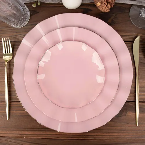 Vista 70 de Tableclothsfactory Paquete de 10 platos redondos de plástico negro de 6 pulgadas para ensalada de postre, platos desechables con borde ondulado