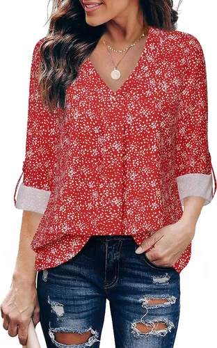 Vista 10 de Youtalia Blusas para mujer, elegantes, informales, de negocios, manga 3/4, de gasa, cuello en V, camisas de trabajo y oficina