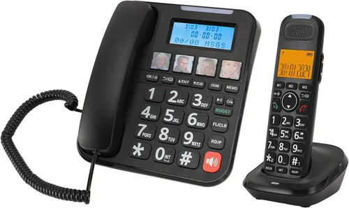 Vista 4 de Luocute Sistema extensible de teléfono con cable e inalámbrico con contestador digital y bloqueo de llamadas, pantalla grande de 2 pulgadas y esfera