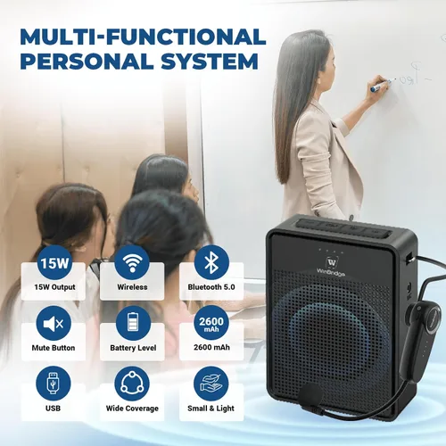 Vista 2 de Amplificador de Voz con Micrófono Inalámbrico y Auriculares, Micrófono Ultra Portátil de Sonido Original y Altavoz, Megafono de 15W con Micrófono