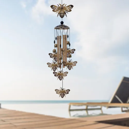 Vista 7 de Campanillas de viento de abejas para exteriores, regalos para mamá - Campanas conmemorativas de bronce, atrapavientos de simpatía móvil, decoración