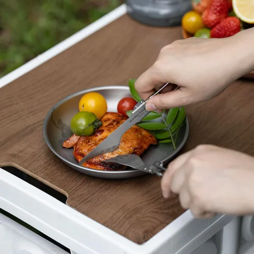 Vista 9 de iBasingo Cuchillo de tenedor de titanio con mango plegable, utensilios de vajilla ultraligeros para camping, picnic al aire libre, senderismo