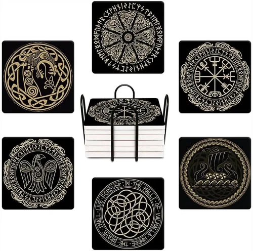 Vista 8 de HUXJOKO Juego de 6 posavasos para bebidas, posavasos de cerámica absorbente mágica vikinga negra, alfombrilla redonda de piedra, con base de corcho