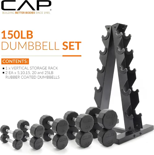 Vista 2 de CAP Juego de mancuernas hexagonales con revestimiento de goma con estante de almacenamiento, opciones de 100 a 210 libras, almacenamiento compacto