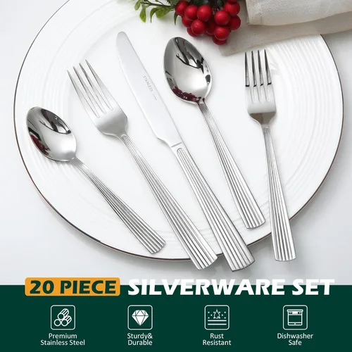 Vista 4 de DECCO - Juego de cubiertos de 20 piezas (tenedor de cena, tenedor de ensalada, cuchillo, cuchara, cucharadita) en cubiertos aptos para lavavajillas