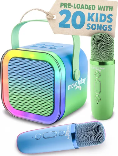 Vista 14 de Move2Play, Mini máquina de karaoke para niños Más de 20 canciones integradas Altavoz Bluetooth con micrófonos Efectos de voz Juguete musical