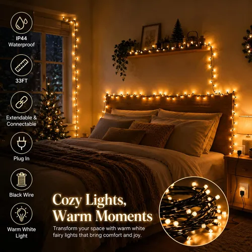 Vista 2 de Tira de luces de hadas de Navidad con cable negro de 33 pies, 100 luces LED para enchufar Extendable Black Lights with 8 Modes for Xmas Tree