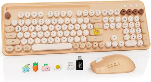 Vista 32 de Combo de teclado y mouse inalámbricos, teclado retro con teclas redondas, teclado estilo máquina de escribir de tamaño completo con reposamuñecas