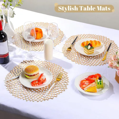 Vista 5 de Sieral 24 manteles individuales de vinilo redondos a granel de 15 pulgadas con diseño de hojas huecas metálicas, platos de carga prensados