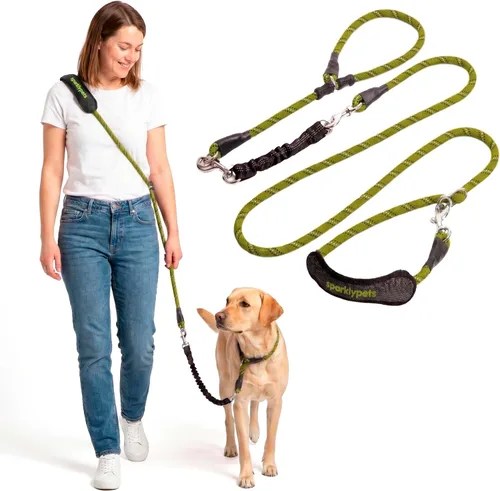 Vista 18 de Correa doble premium para dos perros, absorción de golpes, antitirón, doble correa para razas medianas y grandes con accesorio de correa doble