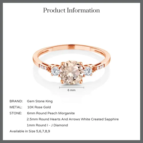 Vista 6 de Gem Stone King Anillo de compromiso de oro rosa de 10 quilates con morganita y zafiro blanco creado para mujer