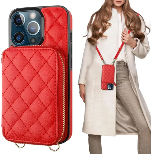 Vista 10 de Bocasal - Funda tipo cartera cruzada para iPhone 13 Pro, color negro RFID Blocking PU Leather Zipper Handbag Purse, Kickstand Flip Folio Case with