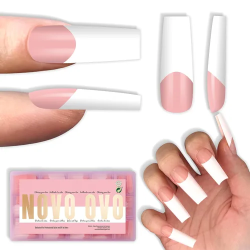 Vista 9 de NOVO OVO - Puntas de uñas postizas largas XL, puntiagudas, de tacón aguja, autoadhesivas, extra largas, gruesas, de gel suave, doble mate