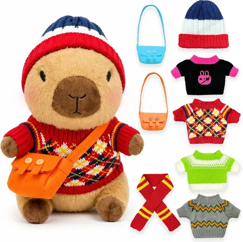Vista 9 de Capybara - Juguete de peluche con 7 piezas de ropa y accesorios, lindo animal de peluche Capybara con trajes (marrón)