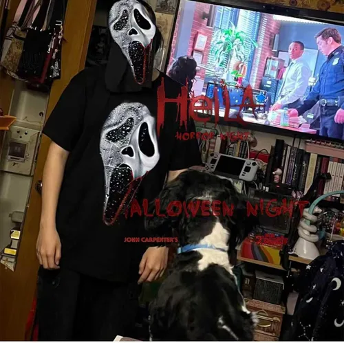 Vista 4 de Máscara de Halloween de fantasma, máscara de terror de látex para Halloween, disfraz de cosplay