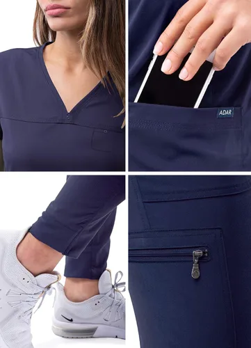 Vista 5 de Adar Pro - Conjunto de ropa quirúrgica con mejora de movimiento para mujer blusa médica con cuello en V y pantalón médico deportivo y para yoga