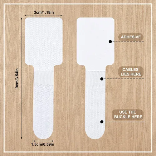 Vista 2 de 100 bridas de para cables, correas autoadhesivas para organizar cables de escritorio, organizador de cables ajustable para escritorio, hogar, Blanco