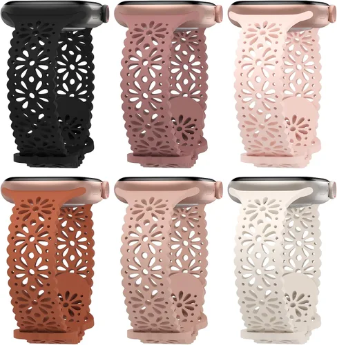 Vista 11 de Paquete de 6 correas de silicona delgadas y huecas de encaje compatibles con Apple Watch de 1.496 pulgadas, 1.575 pulgadas, 1.614 pulgadas, 1.654