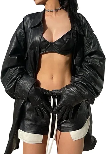 Vista 3 de Pantalones cortos de cuero para mujer, sexy, bolsillo de retazos, abertura lateral, con cordón