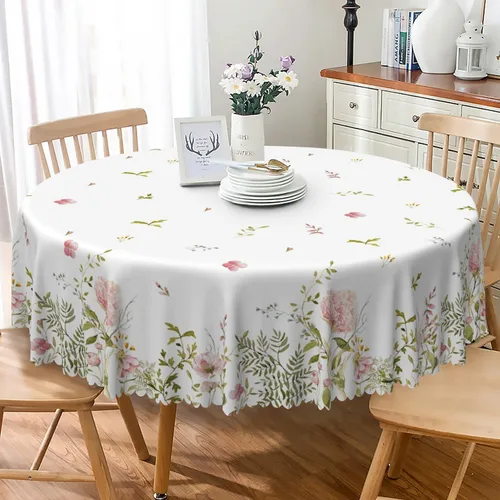 Vista 14 de Mantel redondo floral rústico de 48 pulgadas, con estampado botánico de flores en acuarela verde, azul y gris, a prueba de derrames y aceite, tela