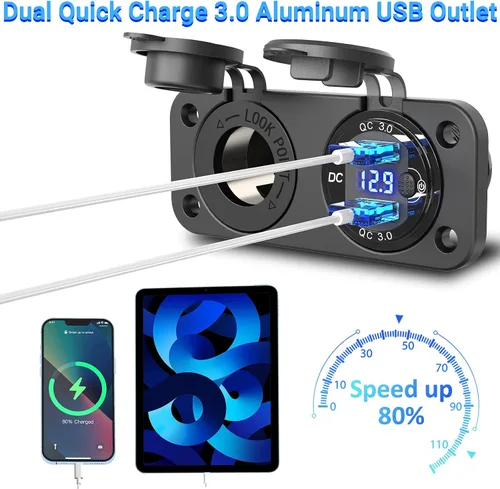 Vista 3 de Qidoe - Enchufe para encendedor de cigarrillos de 12 V, enchufe de cargador USB QC3.0 dual de aluminio de 40 W con interruptor voltímetro LED