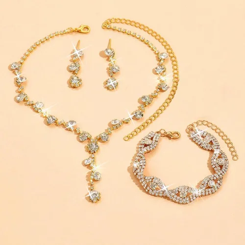 Vista 2 de Unicra Juego de joyas de boda con diamantes de imitación, collar de novia, pulsera, aretes, juego de bisutería para mujeres y novias