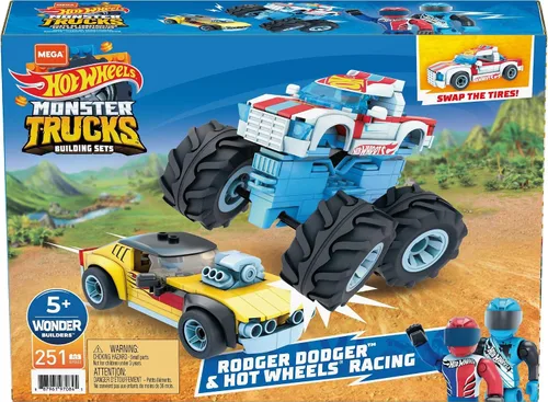 Vista 6 de MEGA Hot Wheels - Vehículo coleccionable de juguete de construcción Rodger Dodger, 2 microfiguras de acción y características de lujo