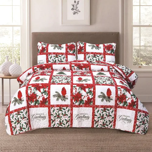 Vista 4 de HowPlum Christmas Cheer Winter Script Edredón Ligero de Vacaciones Juego de Ropa de Cama Full/Queen, Rojo Verde Blanco