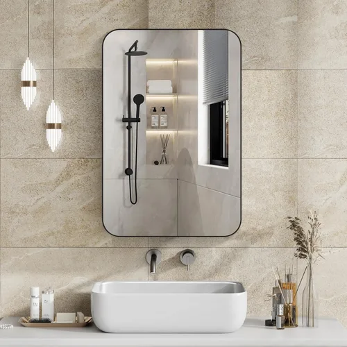 Vista 2 de Botiquín de baño de 24 x 16 pulgadas, color negro, botiquines de baño montados en la pared o armario con espejo empotrado, botiquines rectangulares