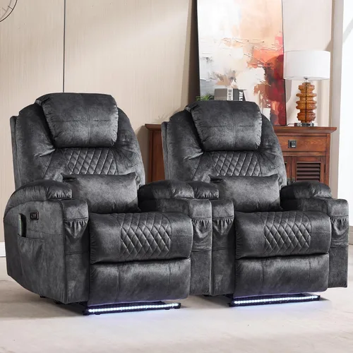 Vista 14 de Silla reclinable eléctrica con calor y masaje para adultos, asiento reclinable eléctrico de cine en casa con luces LED, portavasos, bolsillo
