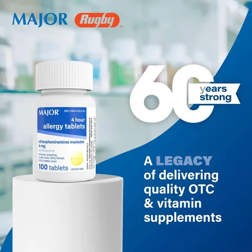 Vista 2 de Comprimidos para alergia MAJOR de 4 mg - Medicina para alergia de 4 horas de clorfeniramina maleato - Antihistamínico para el alivio de estornudos