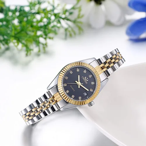 Vista 6 de JewelryWe Luxury Couple Watches Men Women Gold-Silver Tone Stainless Steel Wristwatch Watch His and Her Quartz Calendar Watch Set, for Christmas