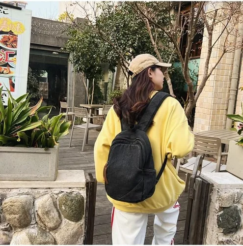 Vista 4 de Pequeña mochila vintage de mezclilla clásica retro jeans mochila de viaje casual mochila universitaria para mujeres hombres, Negro