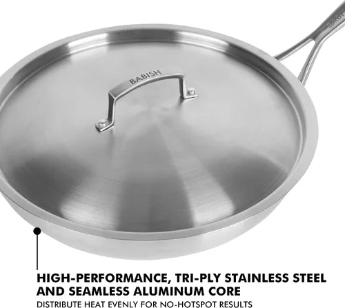 Vista 2 de Babish Sartén de 12 Pulgadas de Acero Inoxidable de Tres Capas con Tapa – Sartén Profesional para Sellar, Saltear y Cocinar con Calor Uniforme