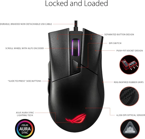 Vista 3 de ASUS Ratón óptico para juegos - ROG Gladius II Core Agarre ergonómico para mano derecha Mouse ligero para juegos de PC Sensor óptico de 6200 DPI