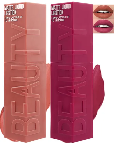 Vista 14 de Lápiz labial líquido mate para mujeres - 2 unidades, rosa nude y rojo vino, tinte labial altamente pigmentado, brillo labial mate aterciopelado