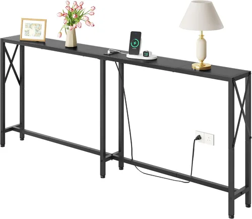Vista 19 de Gewudraw - Mesa de sofá estrecha de 55.1", mesa consola con tomas de corriente y puertos USB, mesa de entrada, mesa de sofá industrial para pasillo