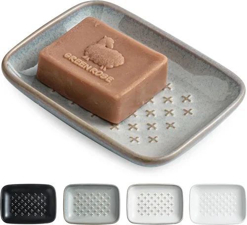 Vista 15 de Gomakren Jabonera para ducha, soporte de cerámica para jabón con diseño de panal, bandeja ahorradora de jabón para fregadero de cocina y baño, Beige
