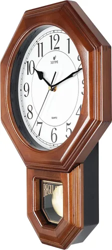 Vista 2 de JUSTIME Reloj de péndulo de madera maciza con carillones de estilo tradicional de escuela, con melodía de Westminster cada hora, fabricado en Taiwán