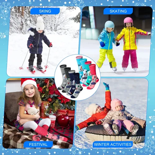 Vista 4 de Geyoga Calcetines de esquí para niños, 8 pares de calcetines de invierno cálidos y largos hasta la rodilla para nieve, esquí, snowboard y patinaje