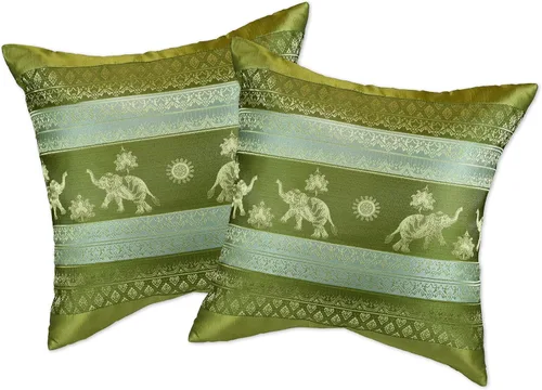 Vista 9 de AeraVida Juego de 2 fundas de cojín inspiradas en elefantes tailandeses y sol en rayas azul real y verdes, para decoración colorida y moderna