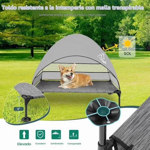 Vista 6 de Cama elevada mejorada para perros con toldo, cama elevada portátil para perros al aire libre con pies antideslizantes estables, cama para mascotas