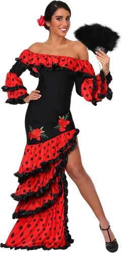 Vista 2 de Disfraz de Senorita española para mujer, vestido de bailarina española rojo y negro, vestido de celebración de España, traje de Halloween