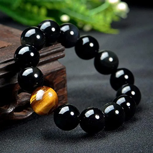 Vista 3 de SX Commerce Pulsera de obsidiana natural negra de piedra natural de 0.394in o 0.472in con un ojo de tigre único, buen regalo para hombres y mujeres